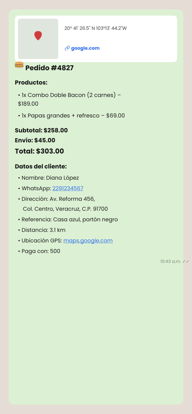Pedido confirmado por WhatsApp